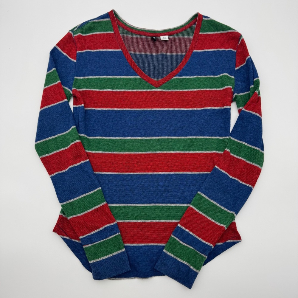 BDG Urban Outfitters Striped Thermal Top V-Neck Long Sleeve Red Blue Green Small